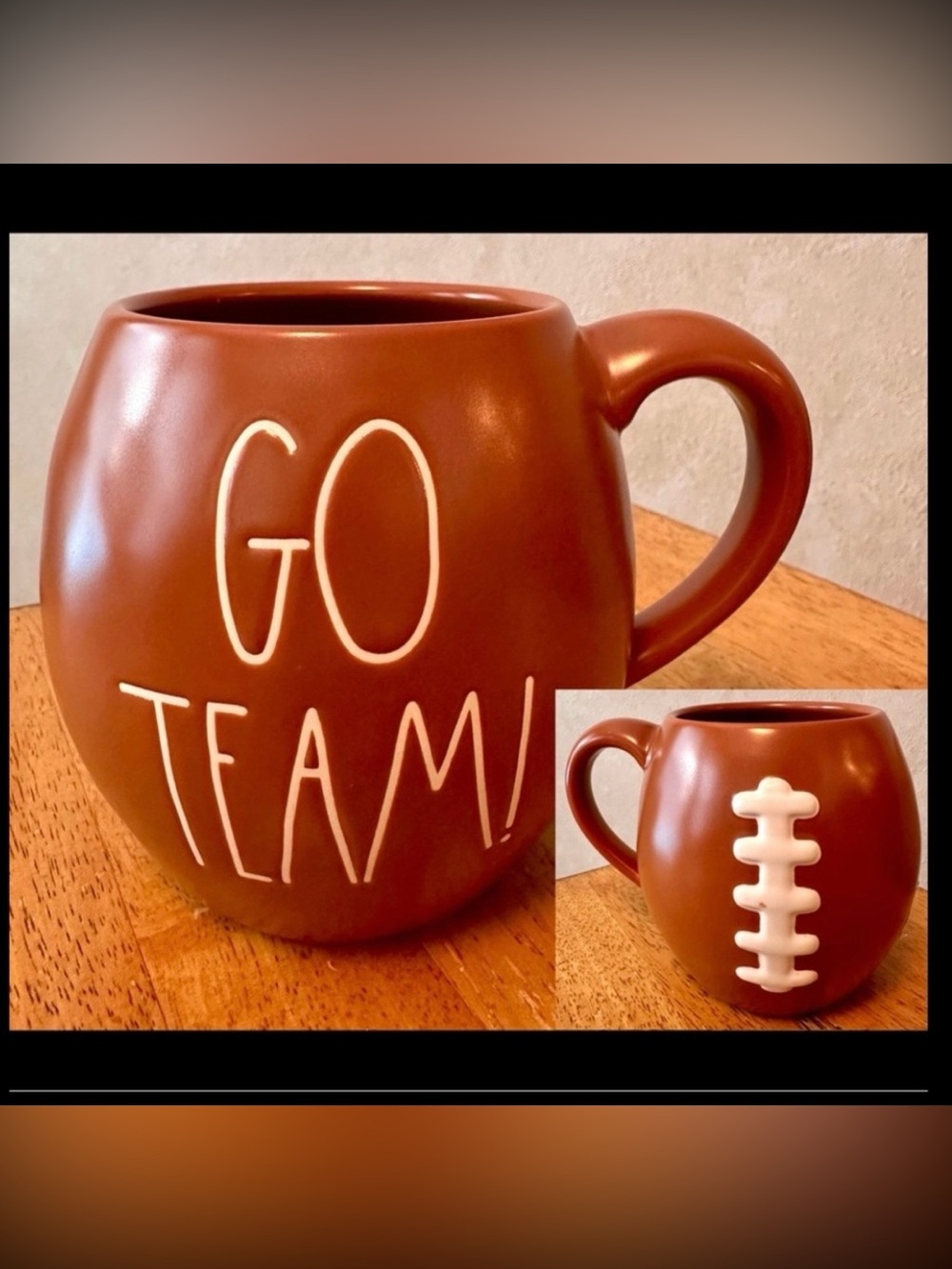Rae Dunn GO TEAM Football Design Double Sided Brown and White Mug BRAND NEW!